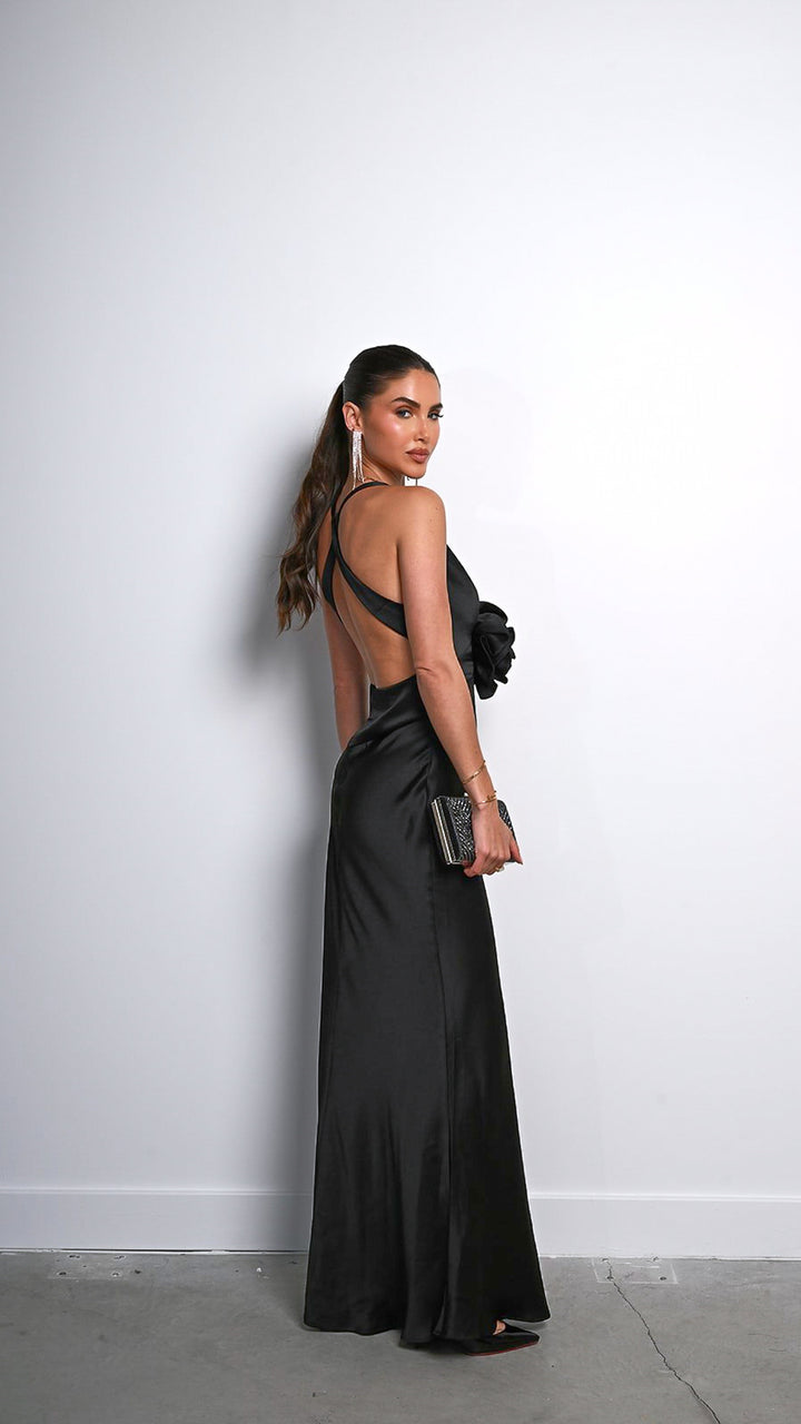 Lyra Satin Maxi Dress in Black