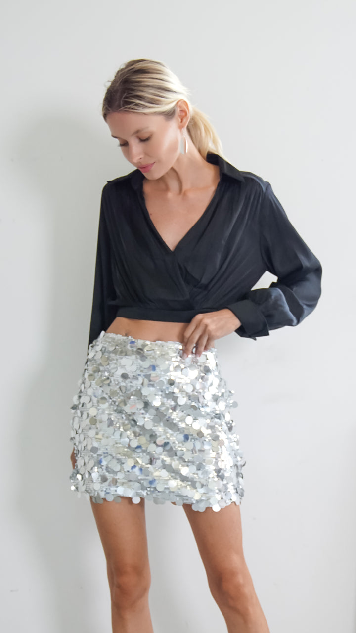 Sunniva Sequins Mini Skirt in Silver - Steps New York
