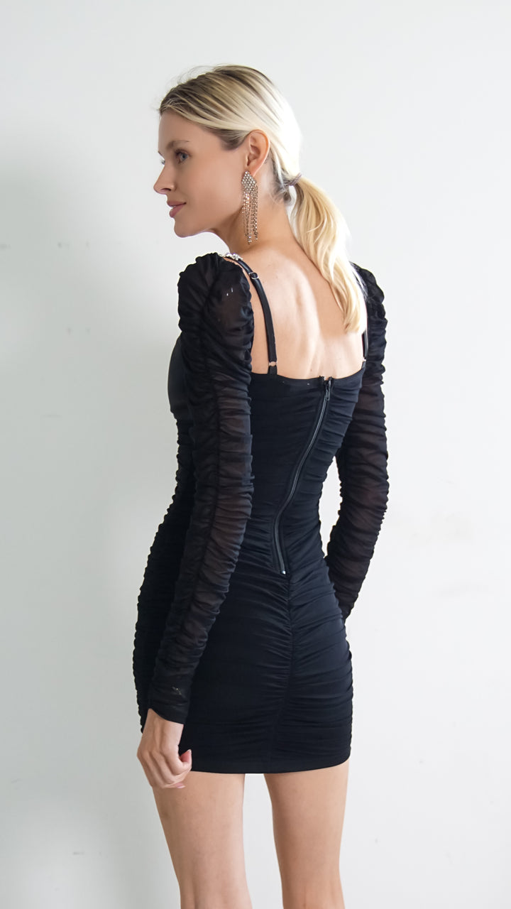 Cassiopeia Longsleeve Ruched Dress in Black - Steps New York