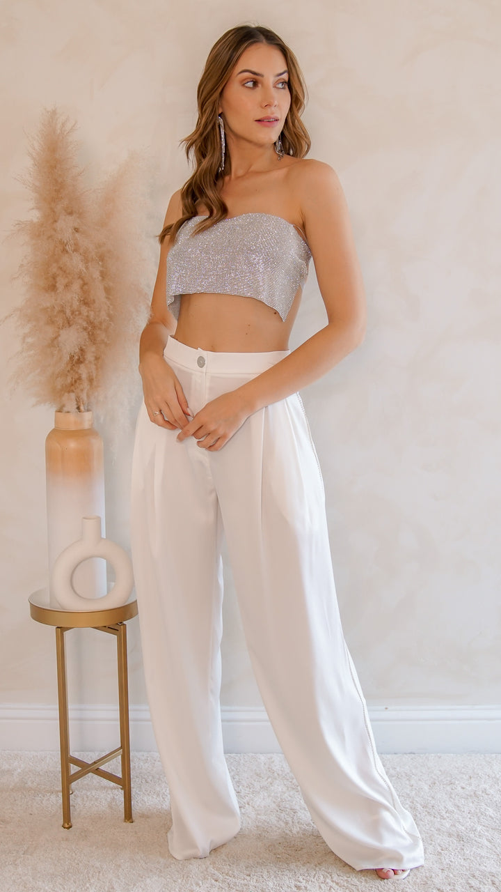 Satin Wide Leg Trousers in White - Steps New York
