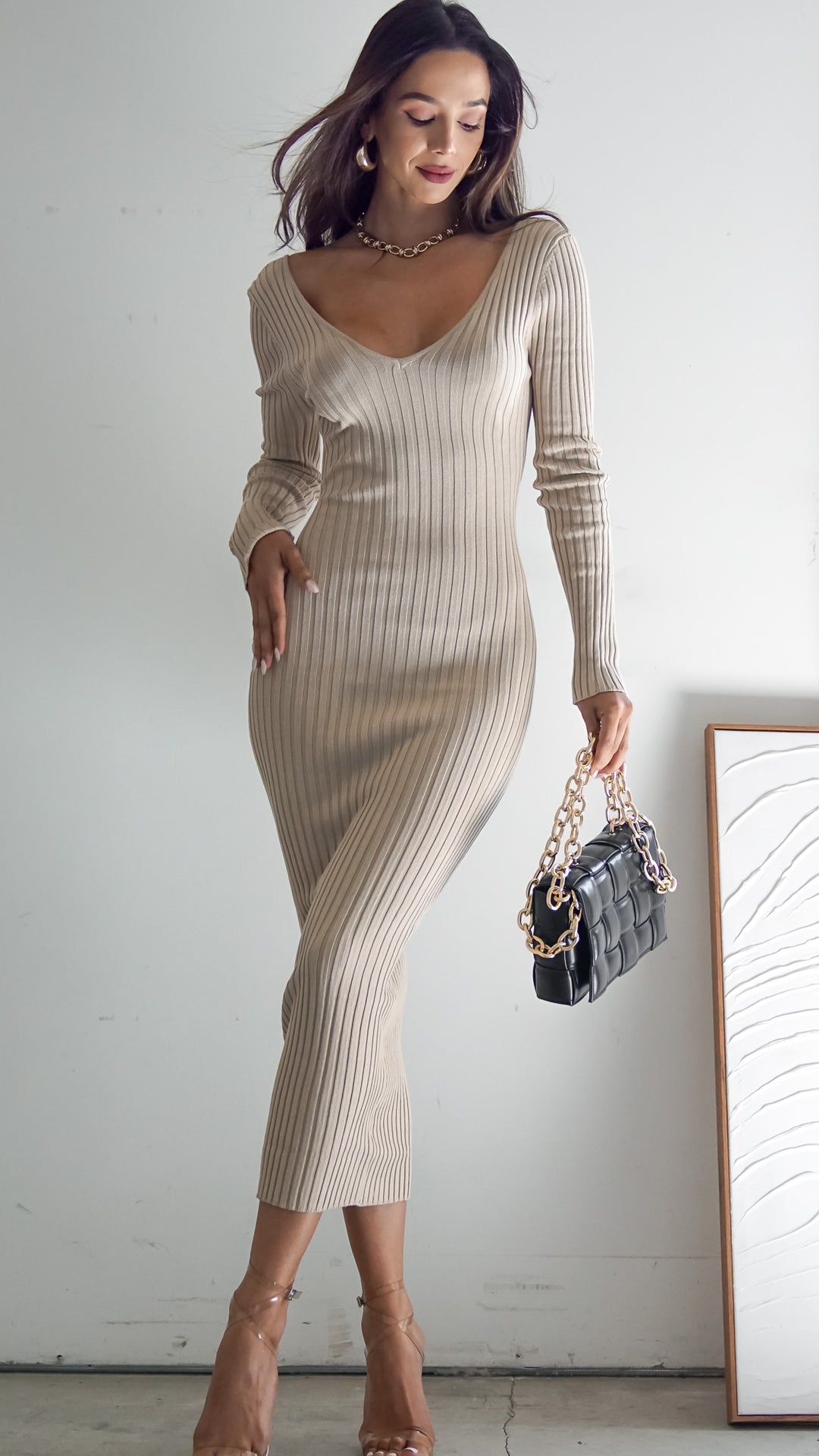 Solstice Maxi Longsleeve Bodycon Dress in Cream - Steps New York