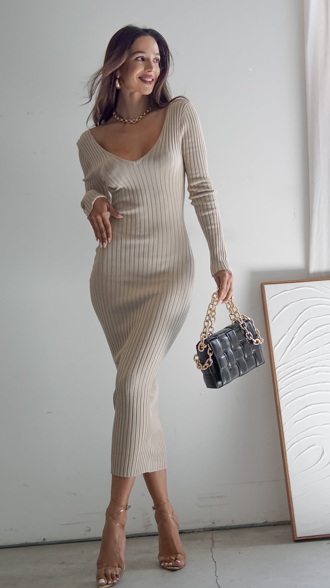 Solstice Maxi Longsleeve Bodycon Dress in Cream - Steps New York