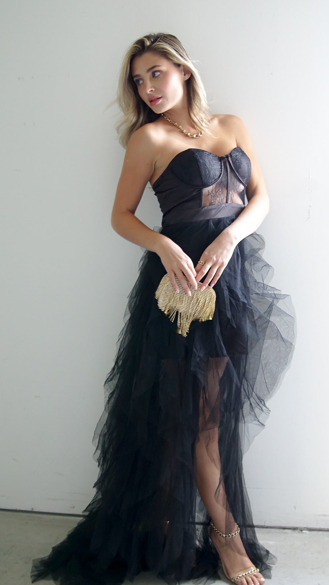 Tessa Organza Corset Maxi Dress in Black - Steps New York