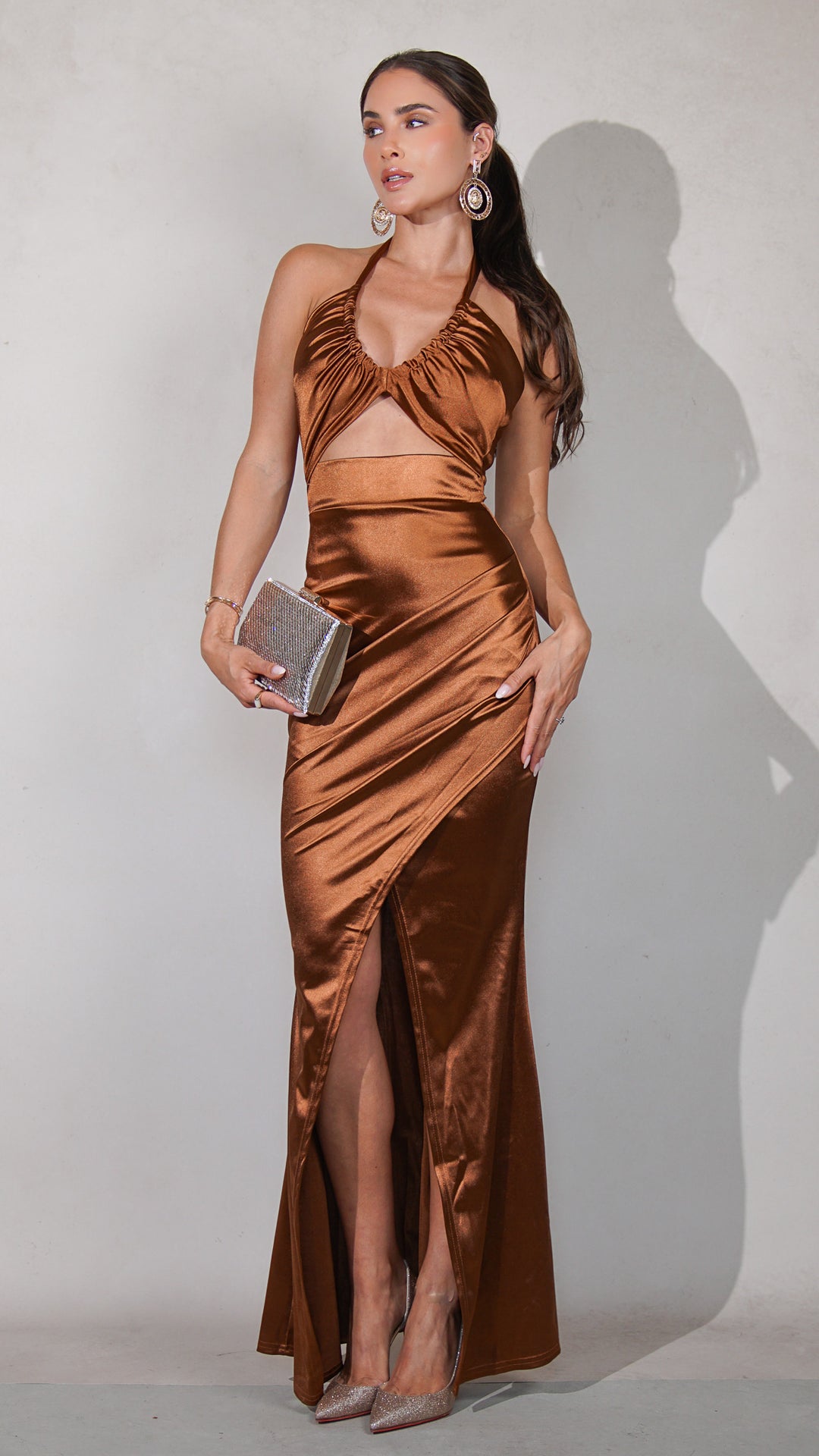 Octavia Maxi Satin Midriff Dress in Bronze