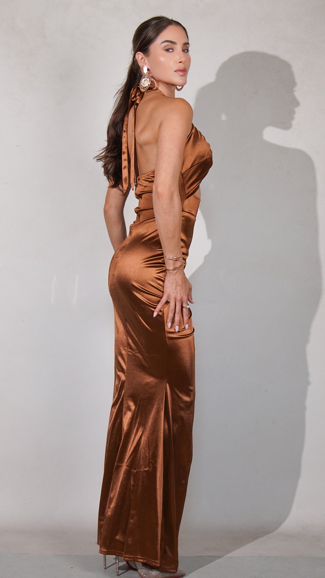 Octavia Maxi Satin Midriff Dress in Bronze