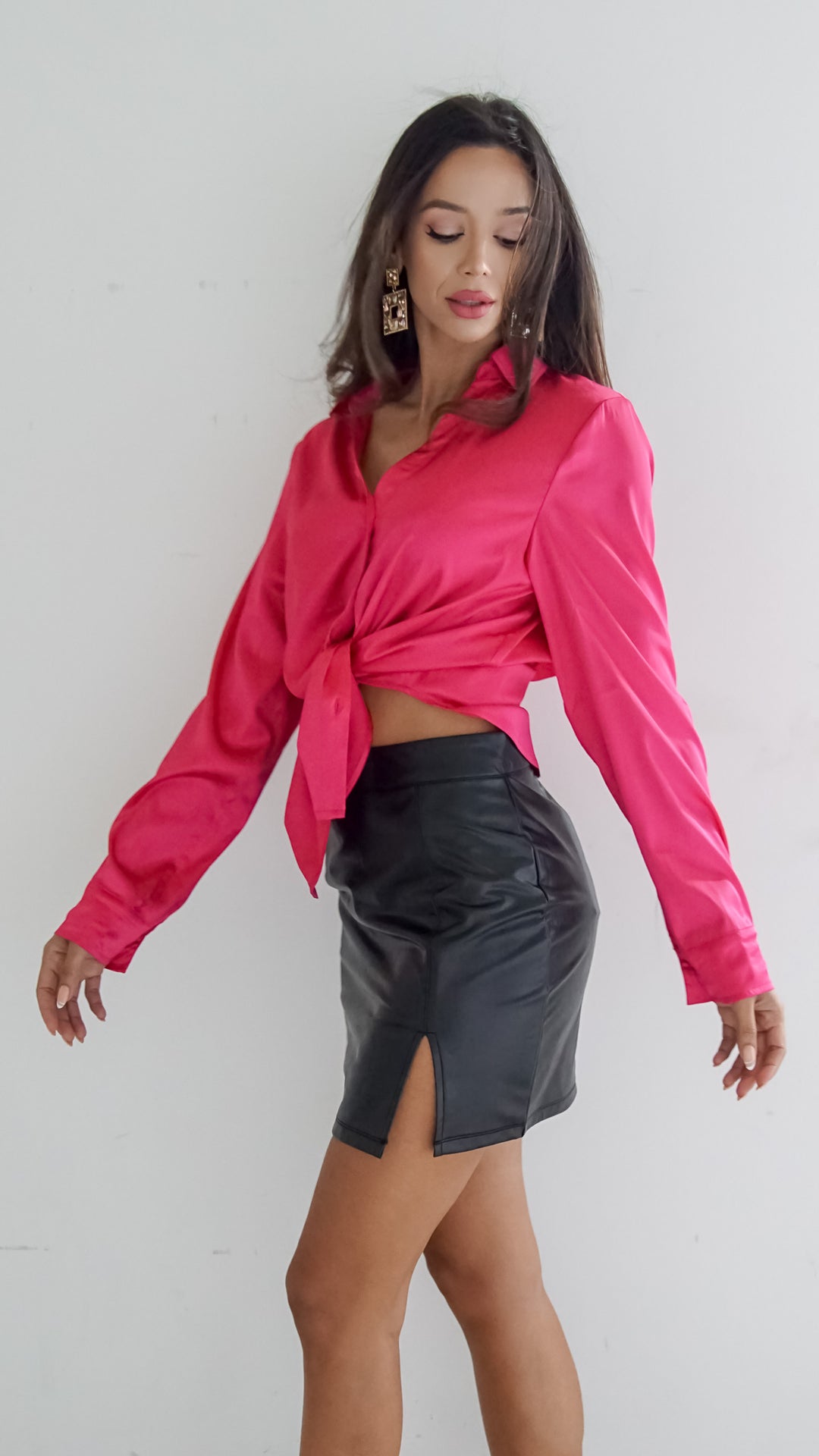 Eveine Satin Longsleeve Top in Hot Pink - Steps New York
