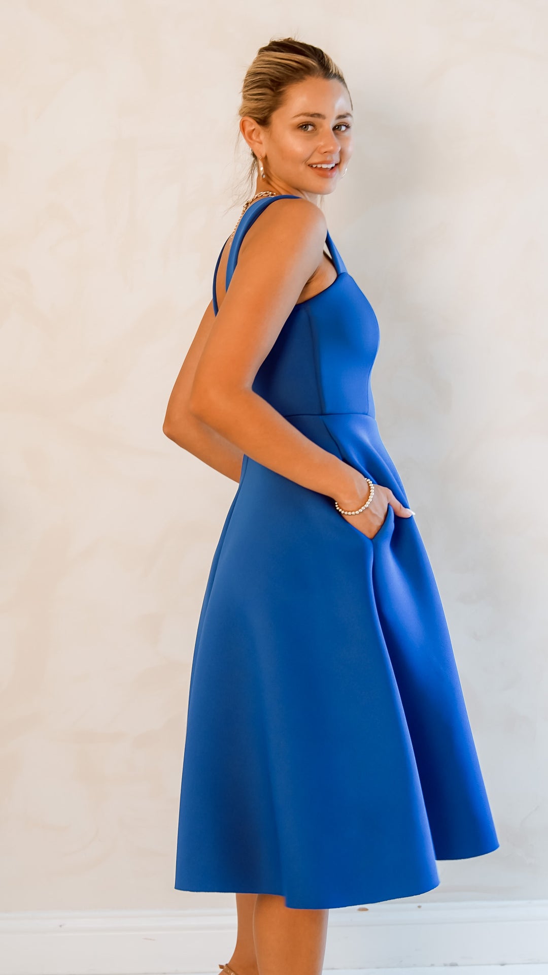 Chloe Queen Anne Neckline Midi Box Pleated Dress - Steps New York