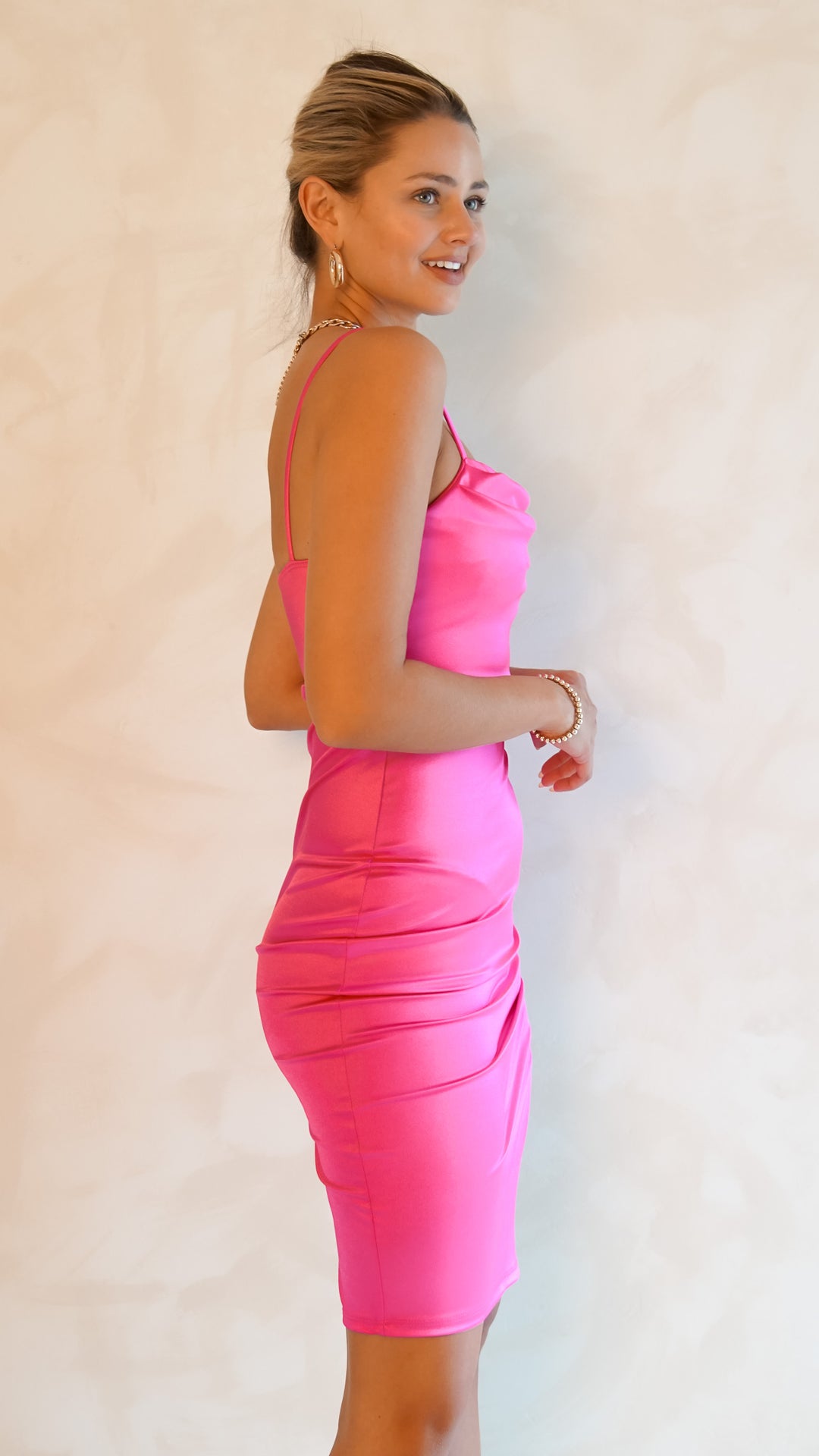 Soya Satin Midi Dress in Hot Pink - Steps New York