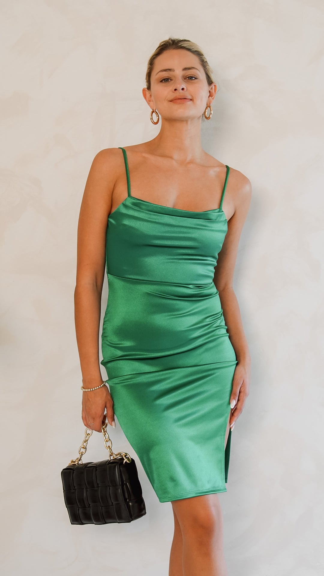 Soya Satin Midi Dress in Emerald Green - Steps New York