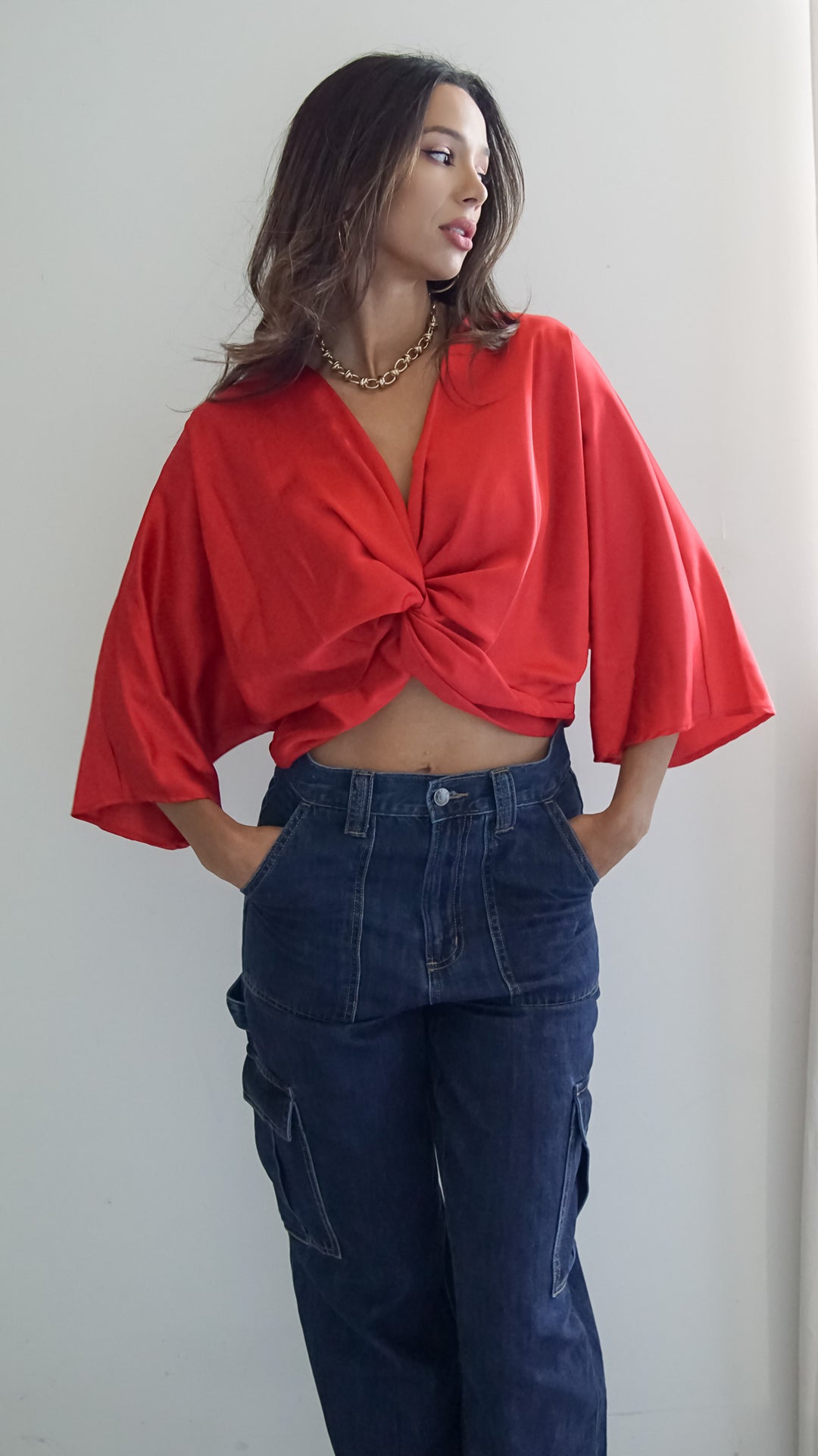 Isabelette Satin Crop Top in Red - Steps New York