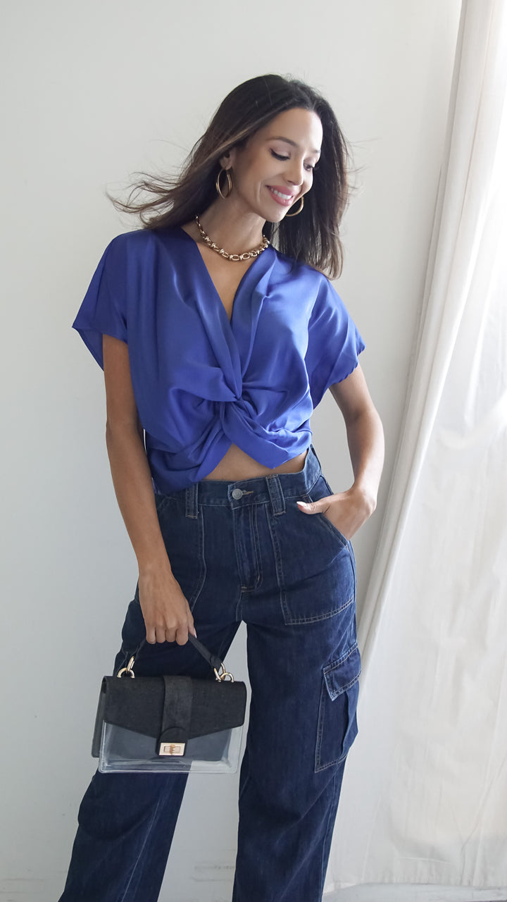 Tanith Satin Crop Top in Blue - Steps New York