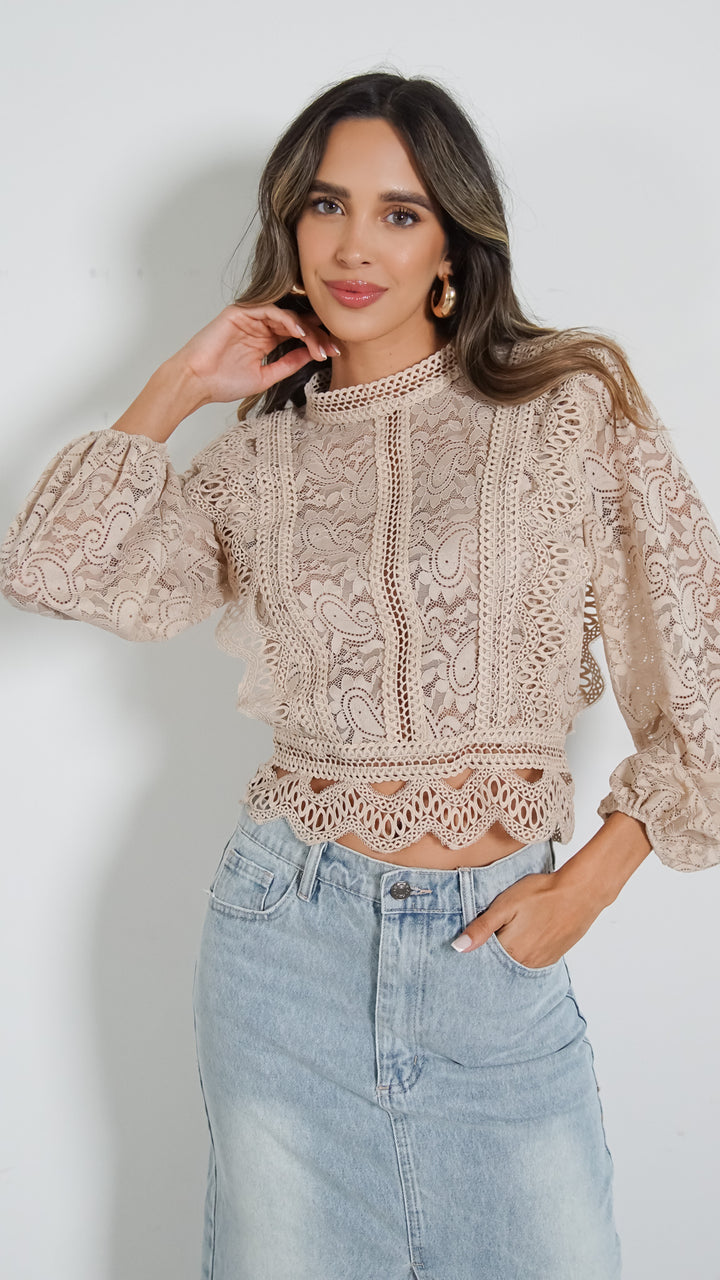 Frenzy lace top in tan - Steps New York