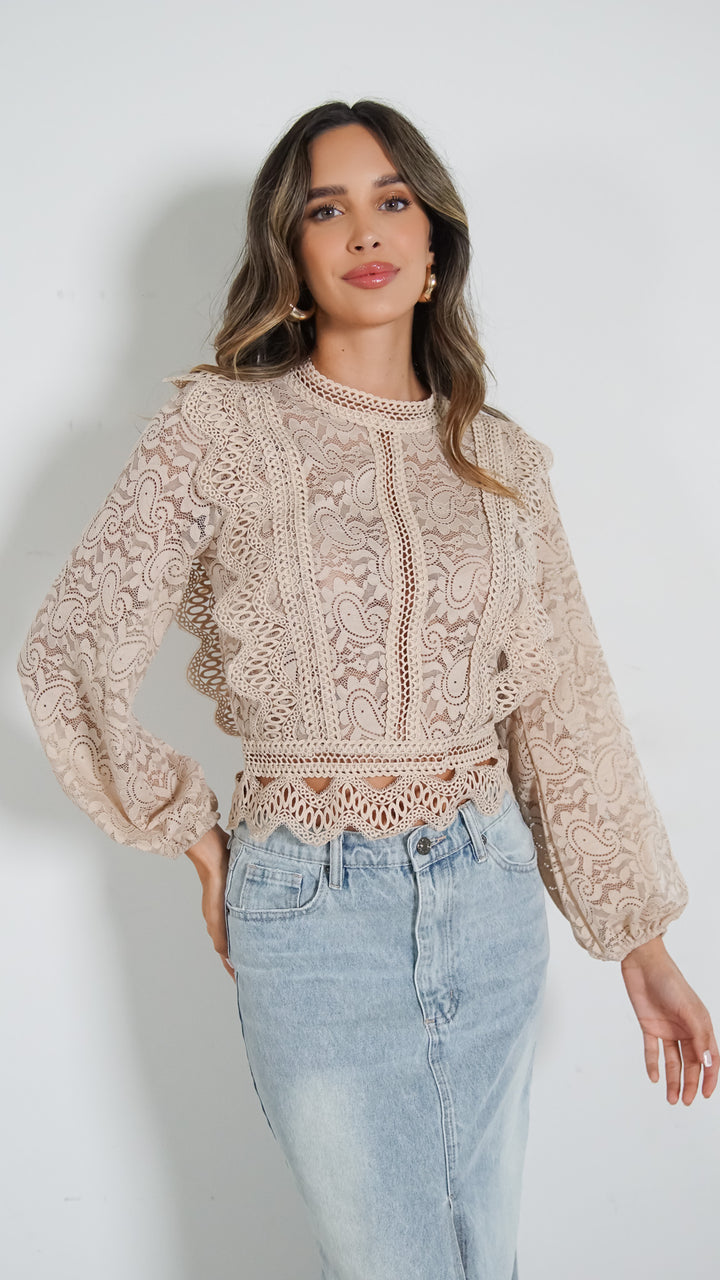 Frenzy lace top in tan - Steps New York