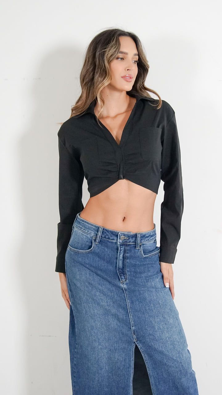 Chic Noir Cropped Button-Down Shirt - Steps New York