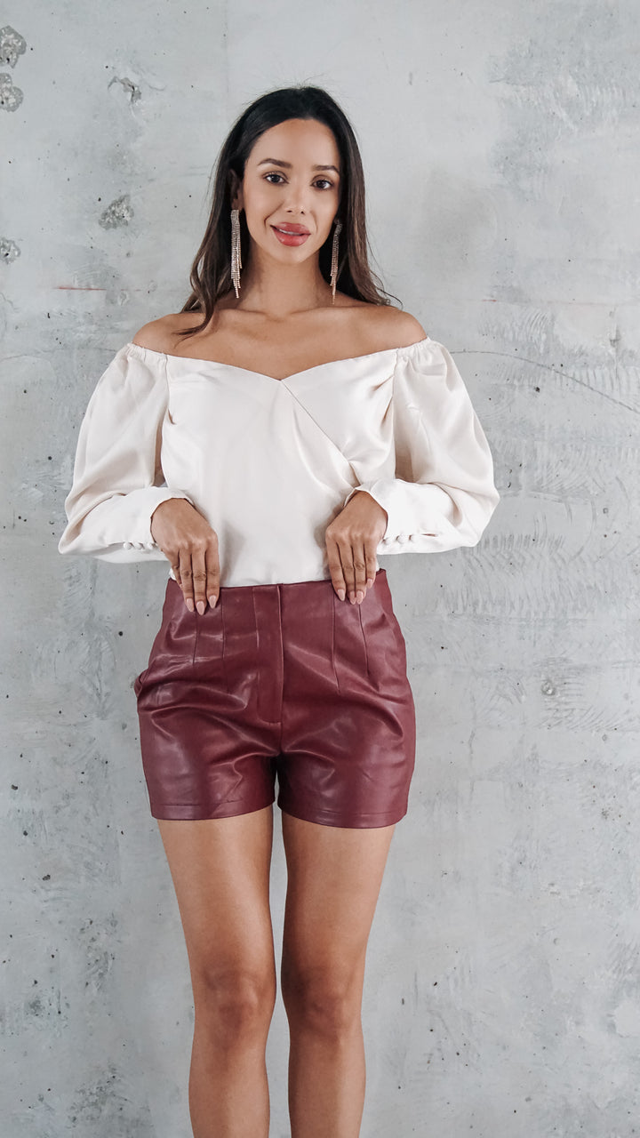 Quinn Faux Leather Shorts in Wine Red