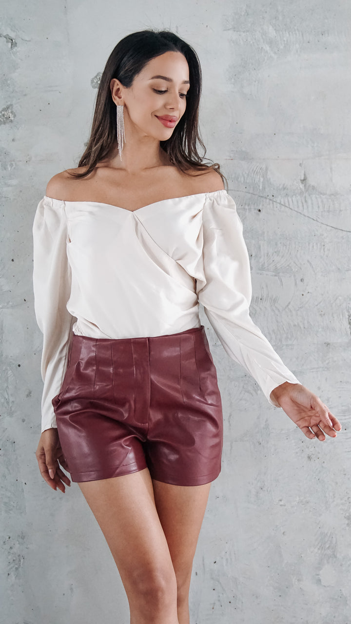 Quinn Faux Leather Shorts in Wine Red