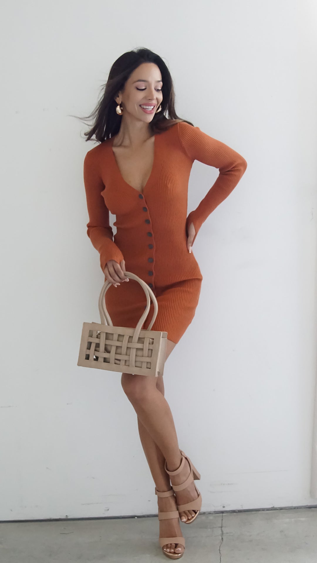 Iolanthe Mini Longsleeve Button Down Dress in Orange - Steps New York