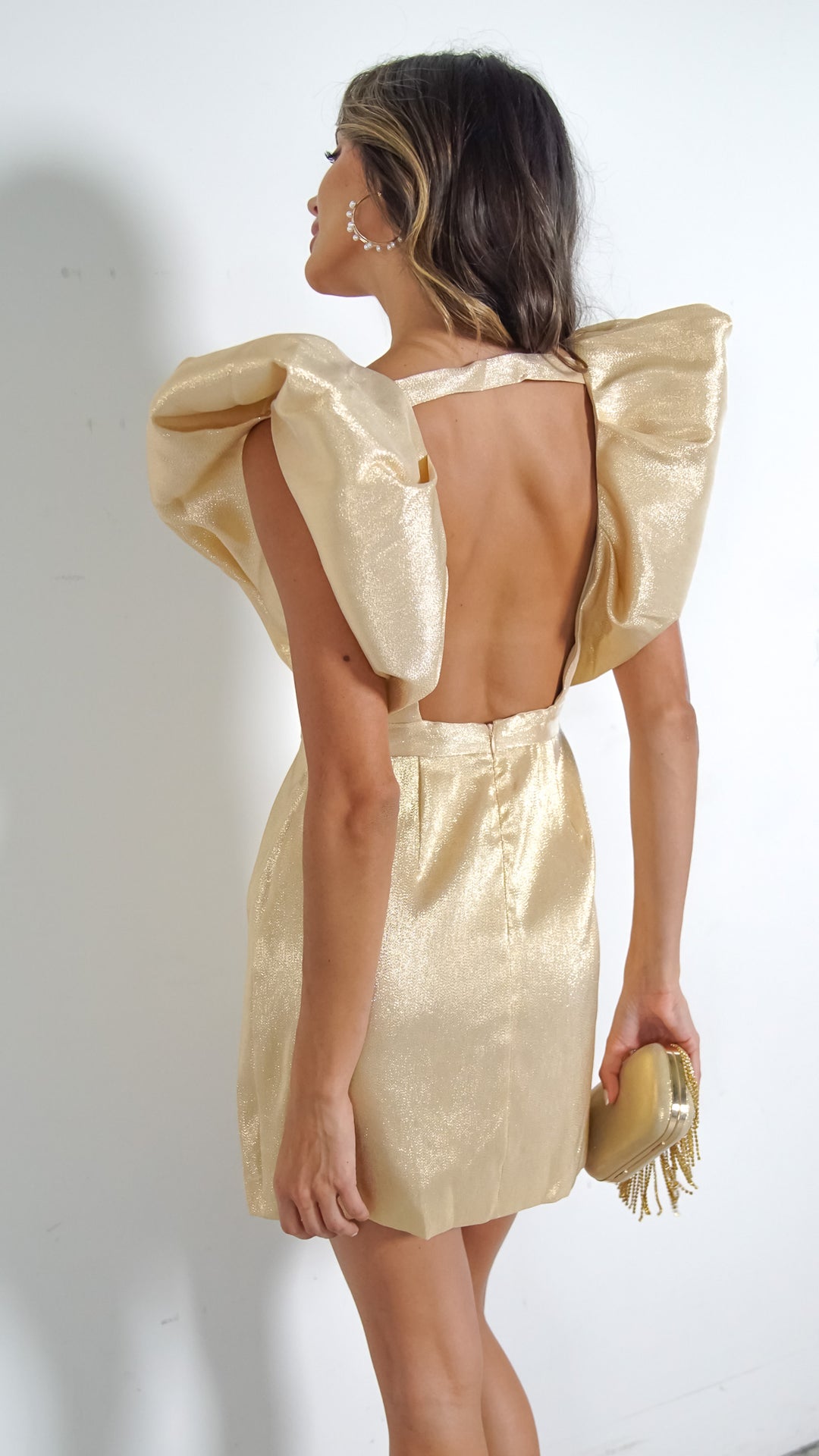 Golden Globe Puff Sleeve Mini Dress - Steps New York