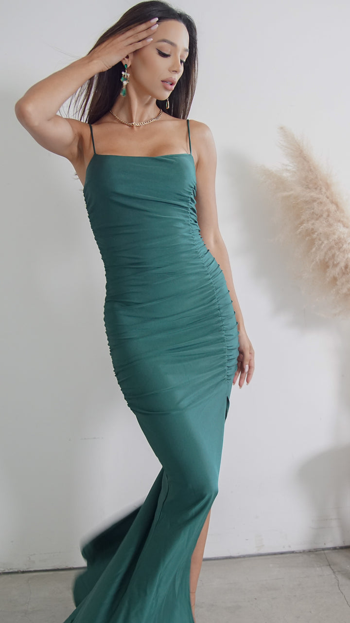 Aylin Maxi Satin Bodycon Dress in Emerald Green - Steps New York