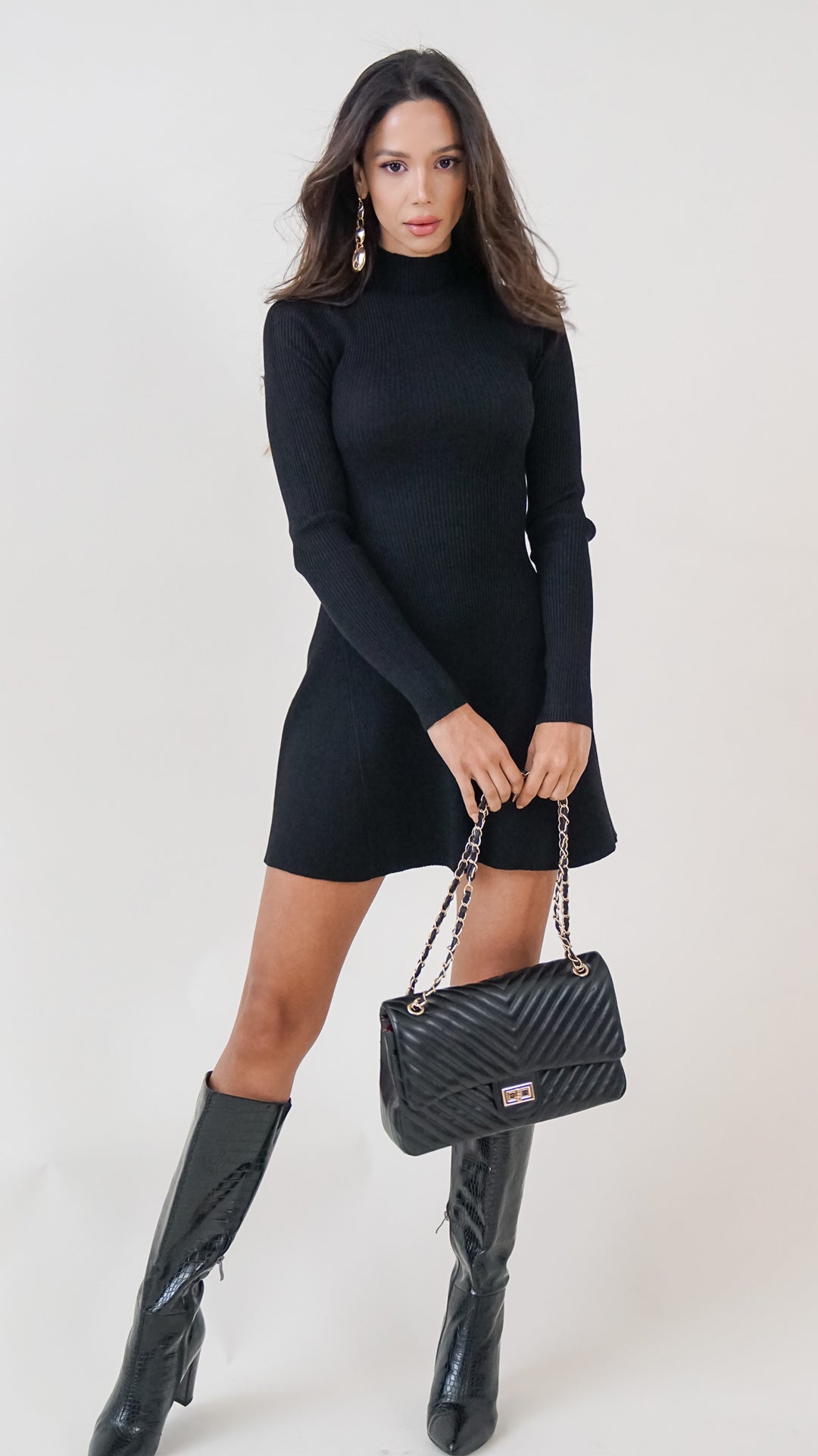 Gia Mini Longsleeve Turtleneck Dress in Black - Steps New York