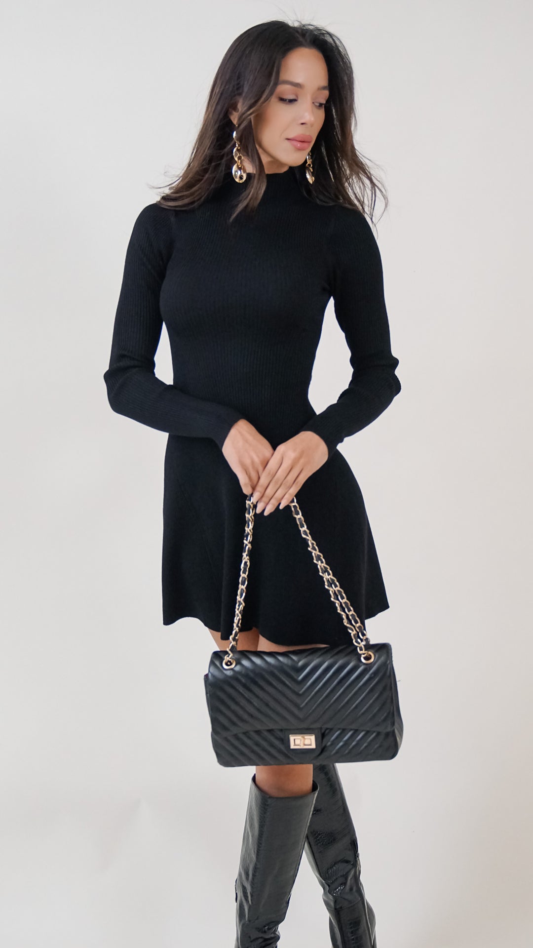 Gia Mini Longsleeve Turtleneck Dress in Black - Steps New York
