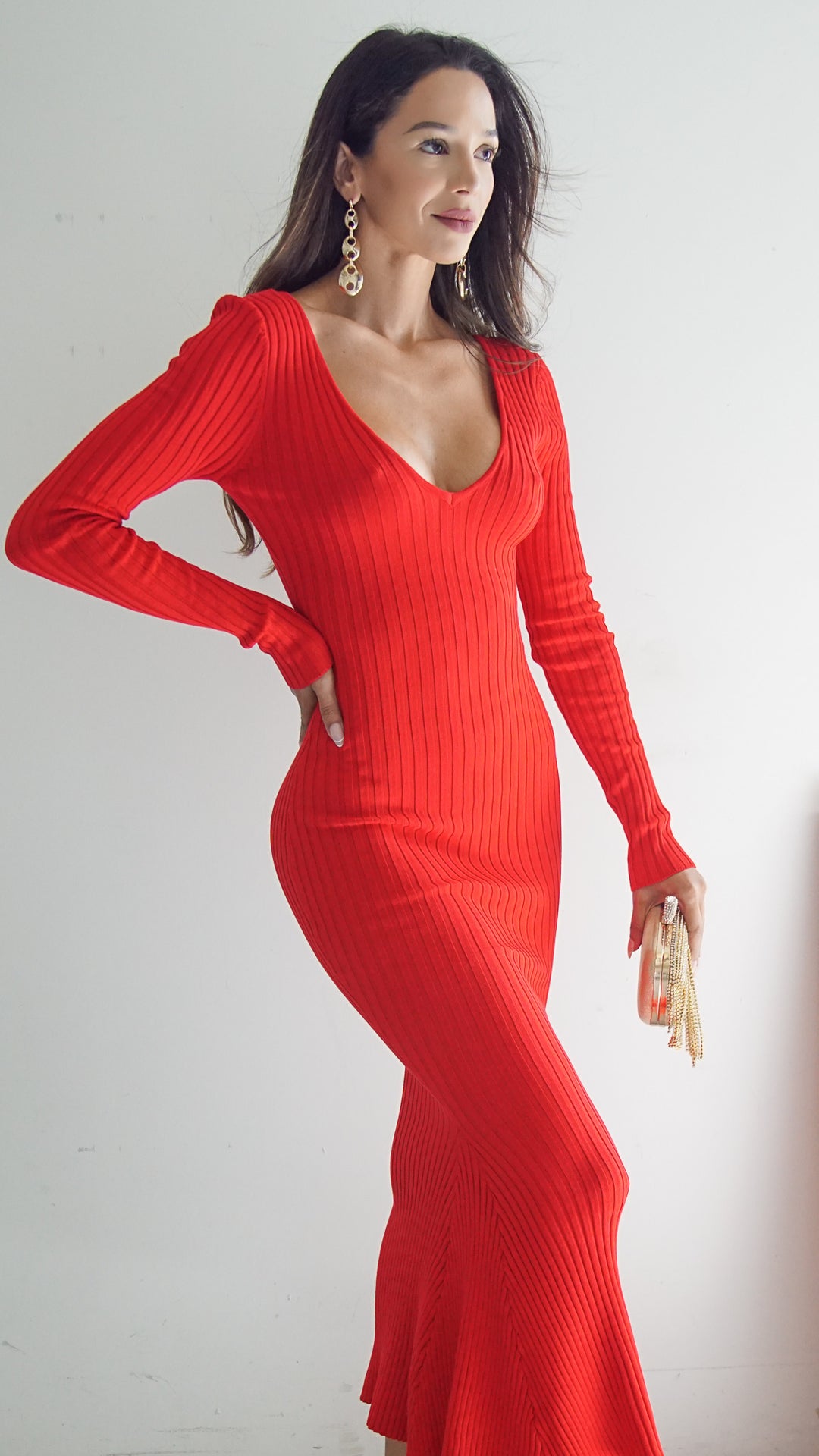 Alise Maxi Longsleeve Bodycon Dress in Red - Steps New York
