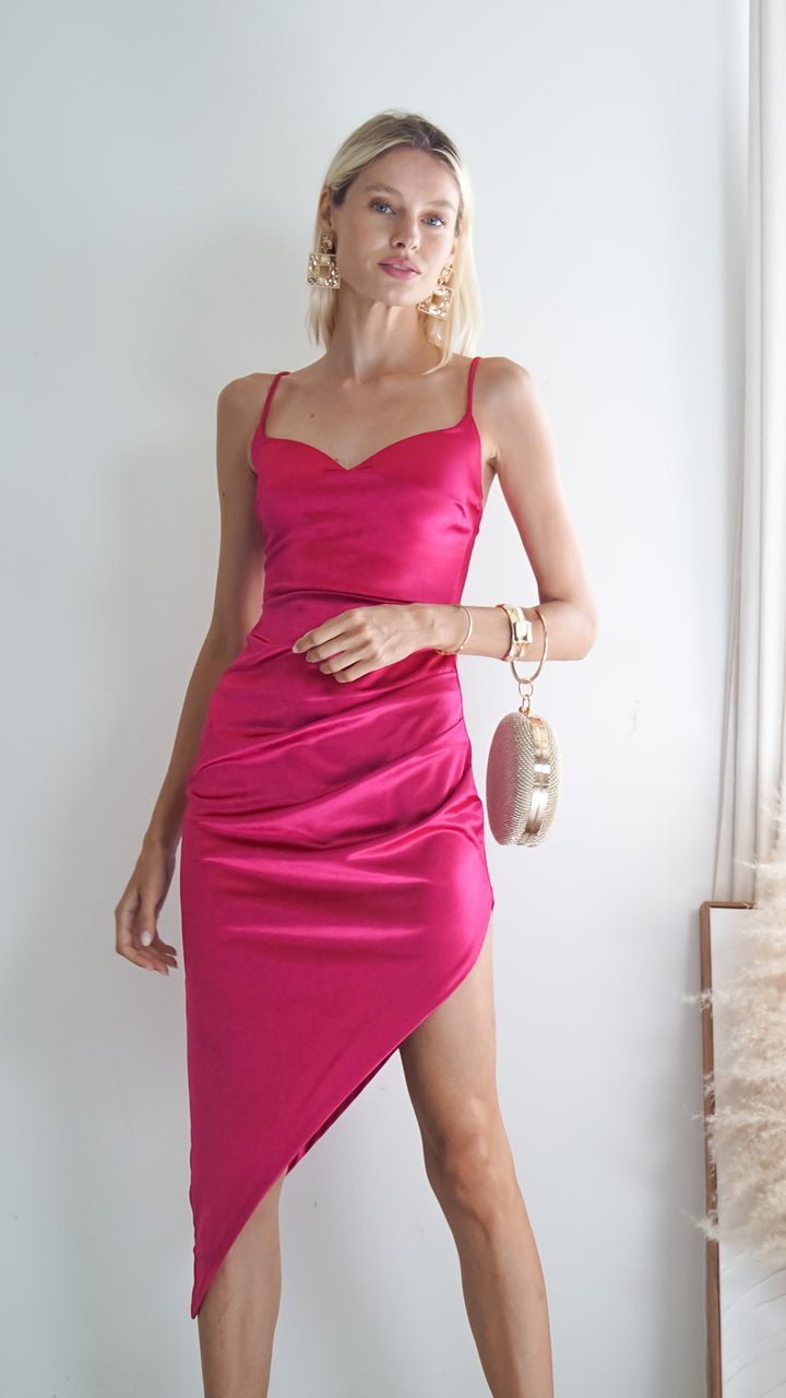 Emilia Satin Asymmetrical Midi Dress in Hot Pink - Steps New York