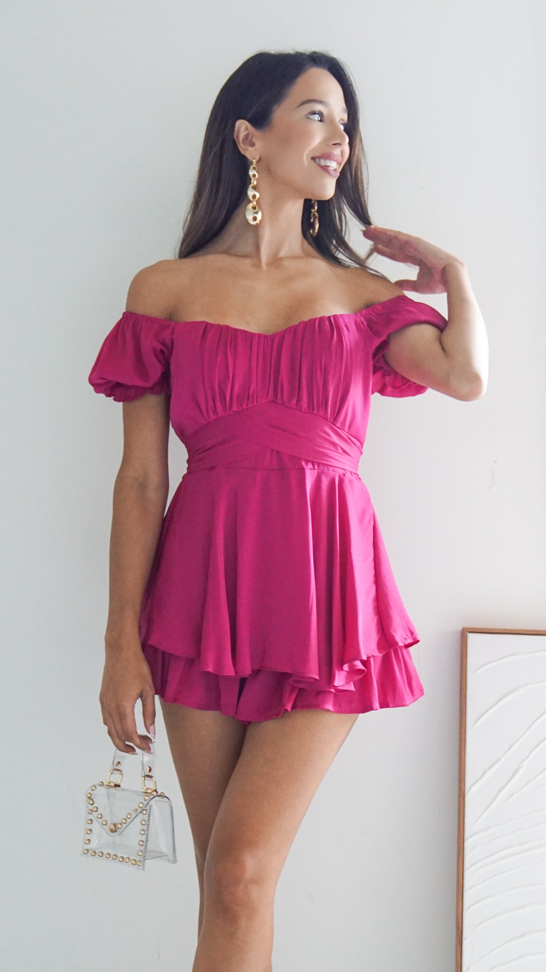 Taylor Mini Off the Shoulder Dress in Fuschia - Steps New York
