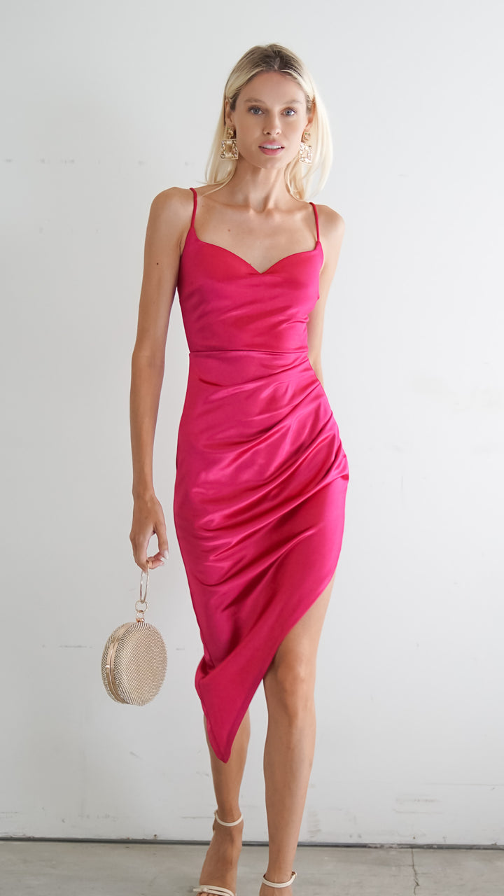 Emilia Satin Asymmetrical Midi Dress in Hot Pink - Steps New York