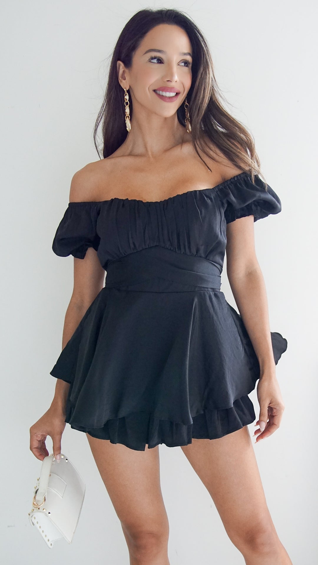 Taylor Mini Off the Shoulder Dress in Black - Steps New York