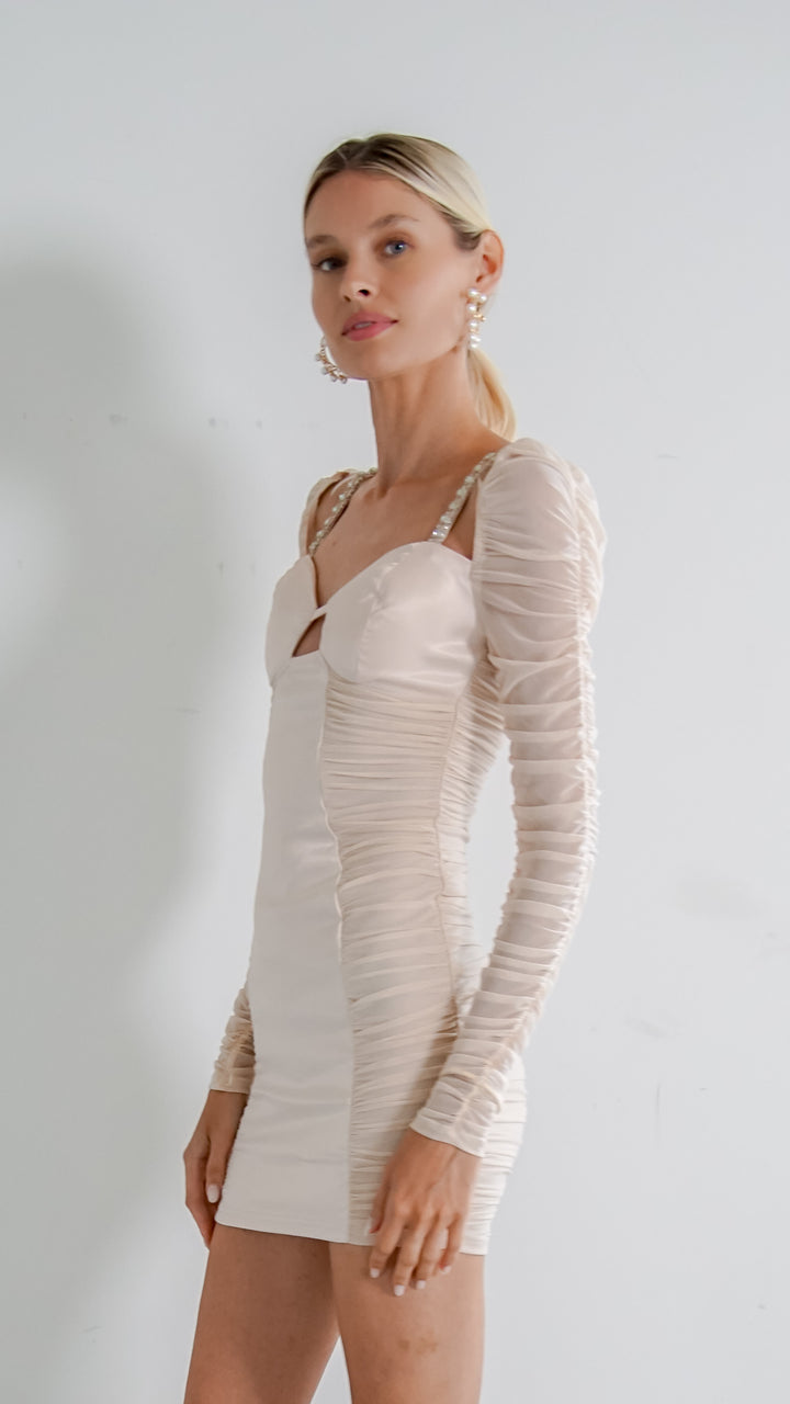 Cassiopeia Longsleeve Ruched Dress in Nude - Steps New York