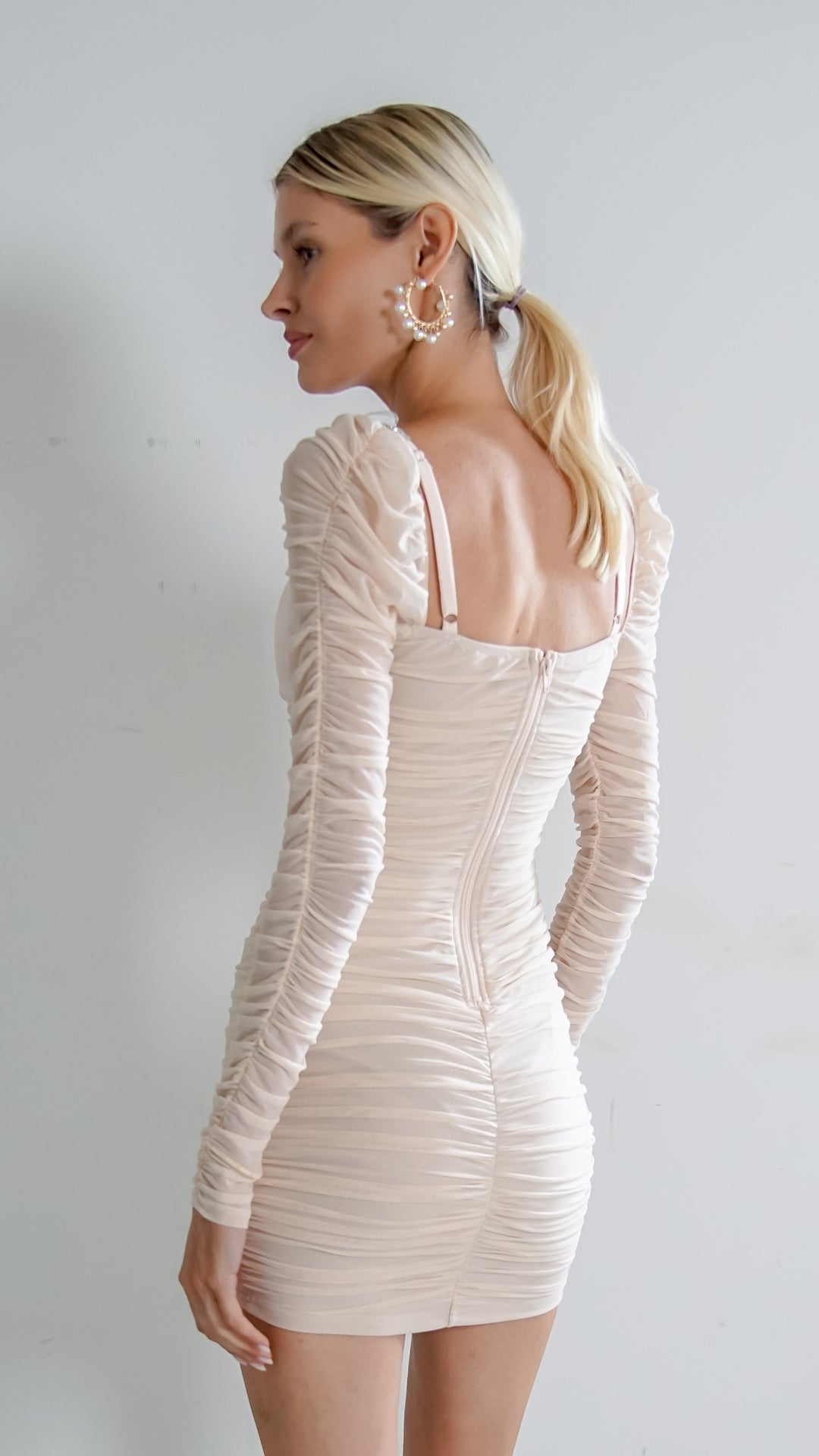 Cassiopeia Longsleeve Ruched Dress in Nude - Steps New York