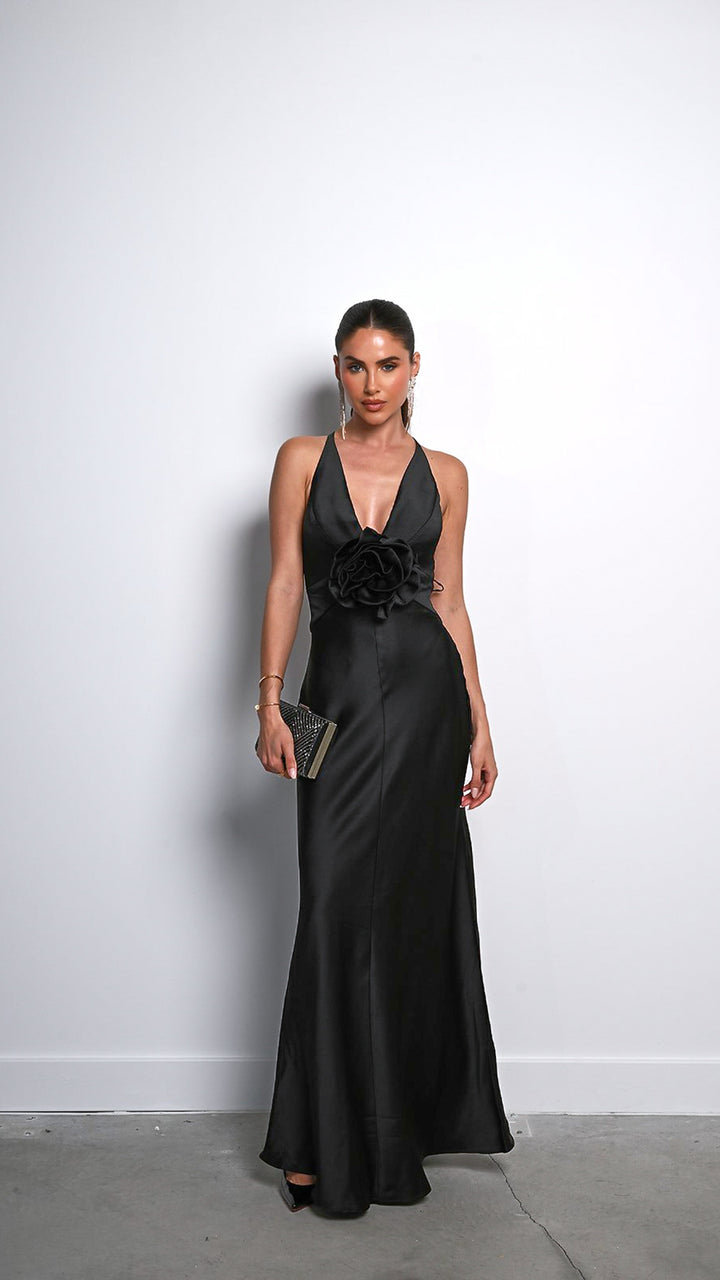 Lyra Satin Maxi Dress in Black