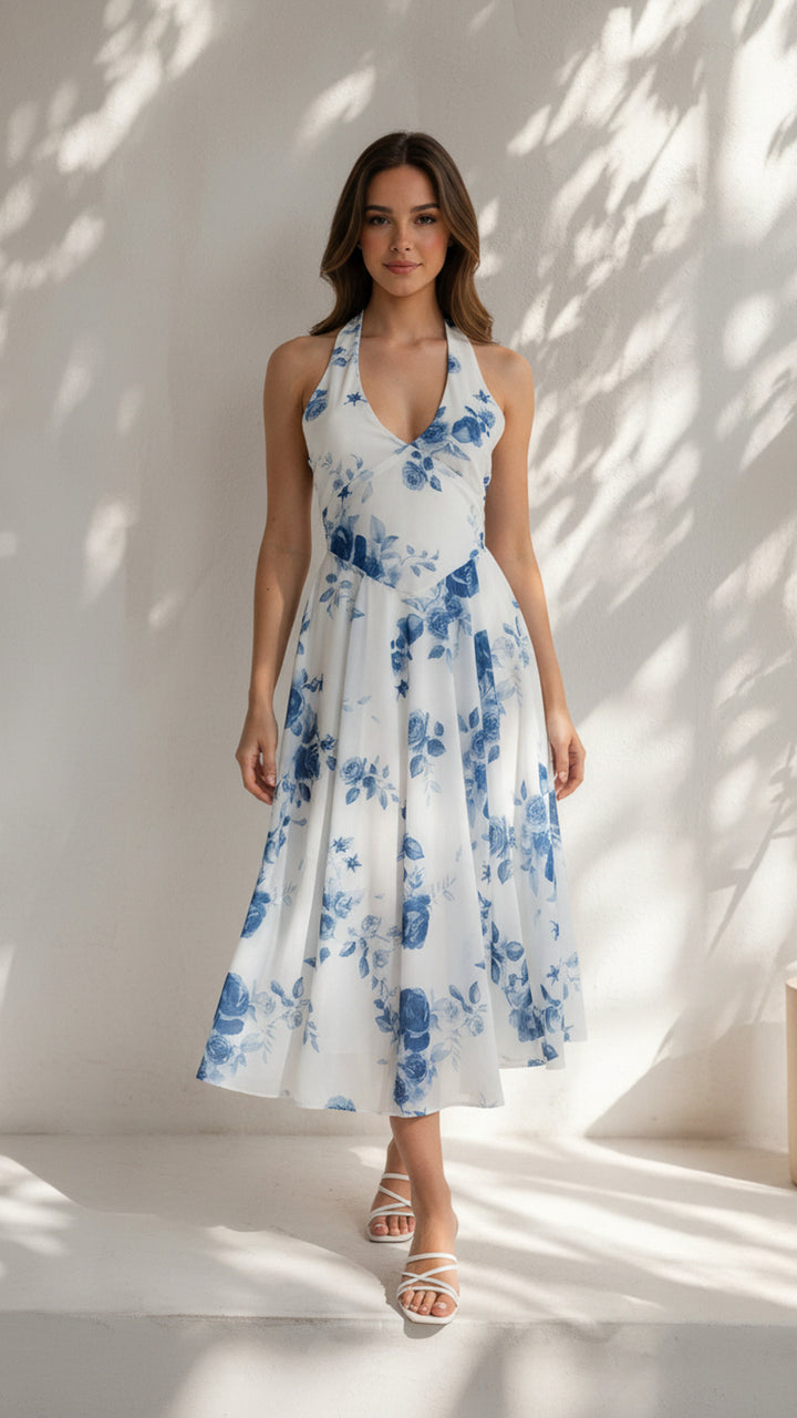 front view image 3 of Maribel Floral Halter Midi Dress