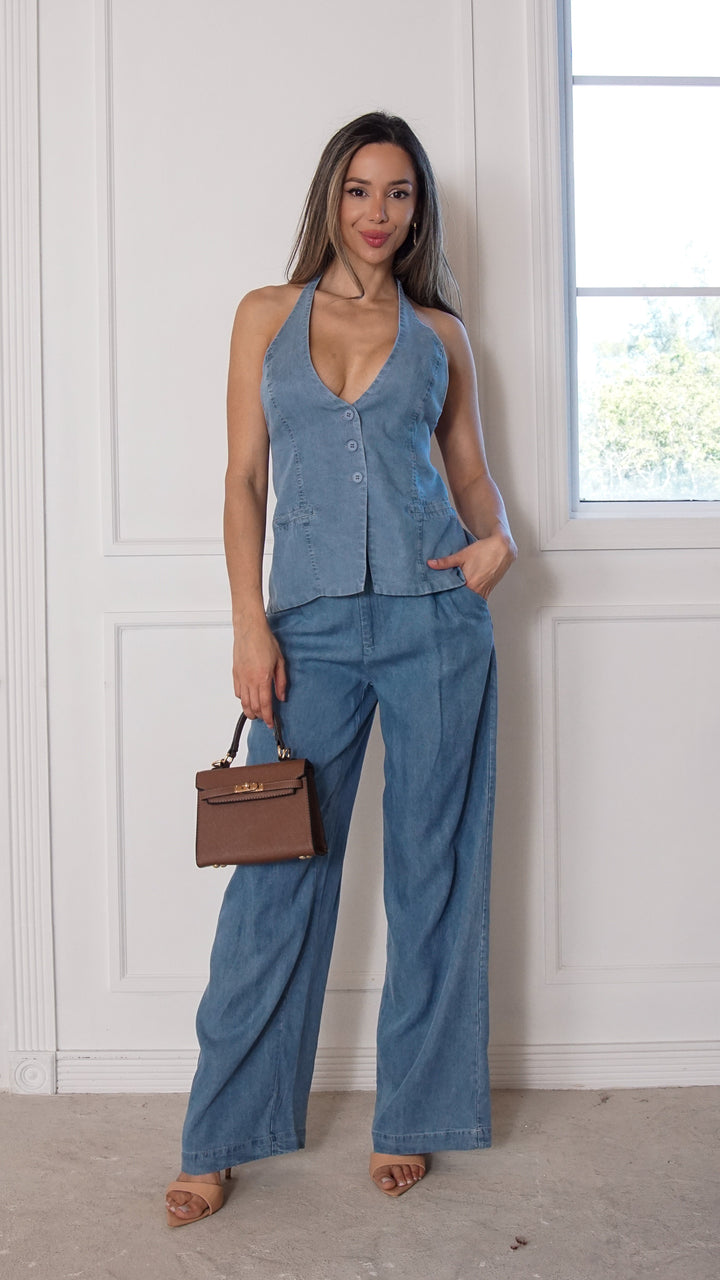 front view image 1 of Arielle Denim Halter Vest