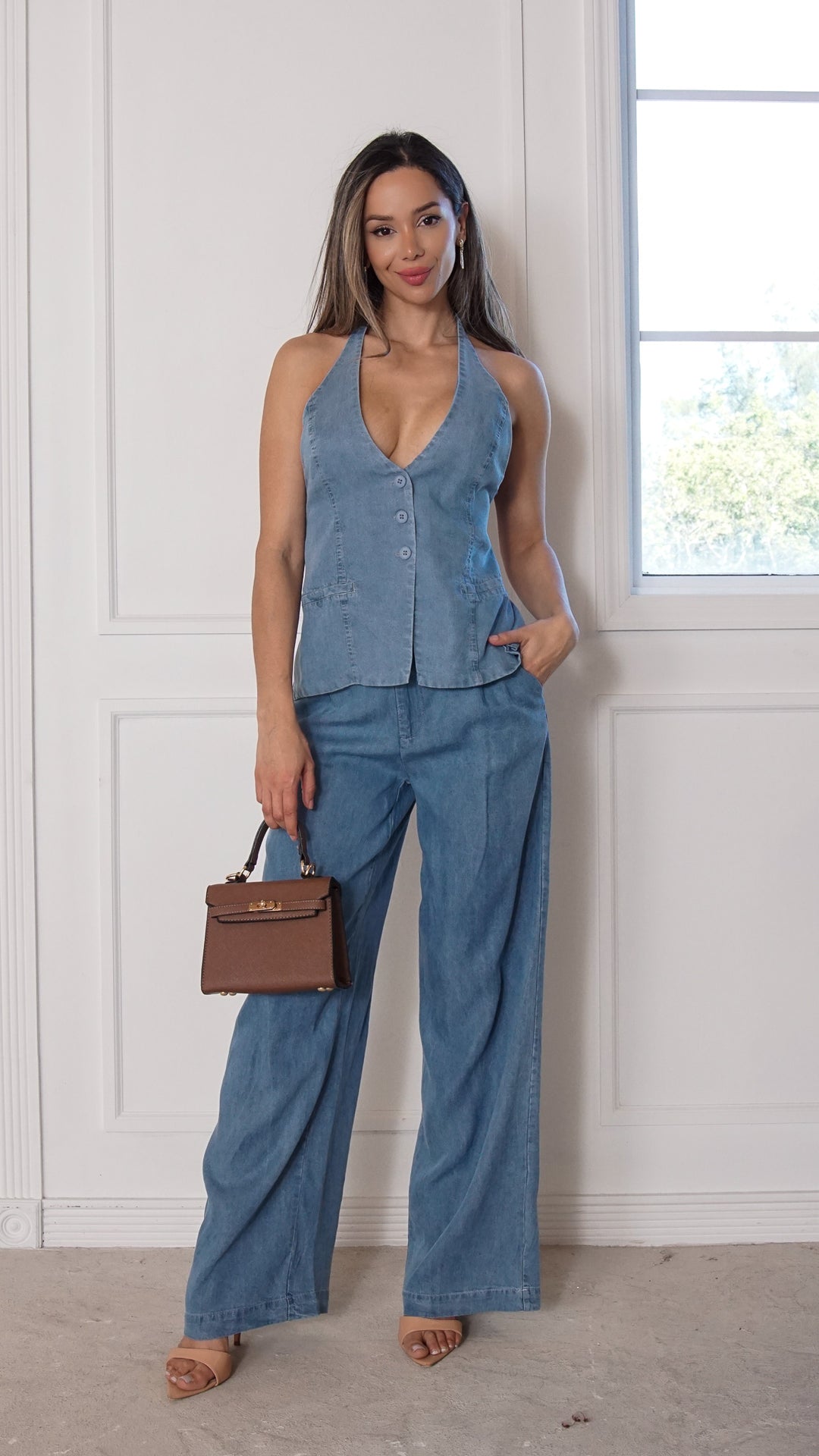 front view image 2 of Arielle Denim Halter Vest