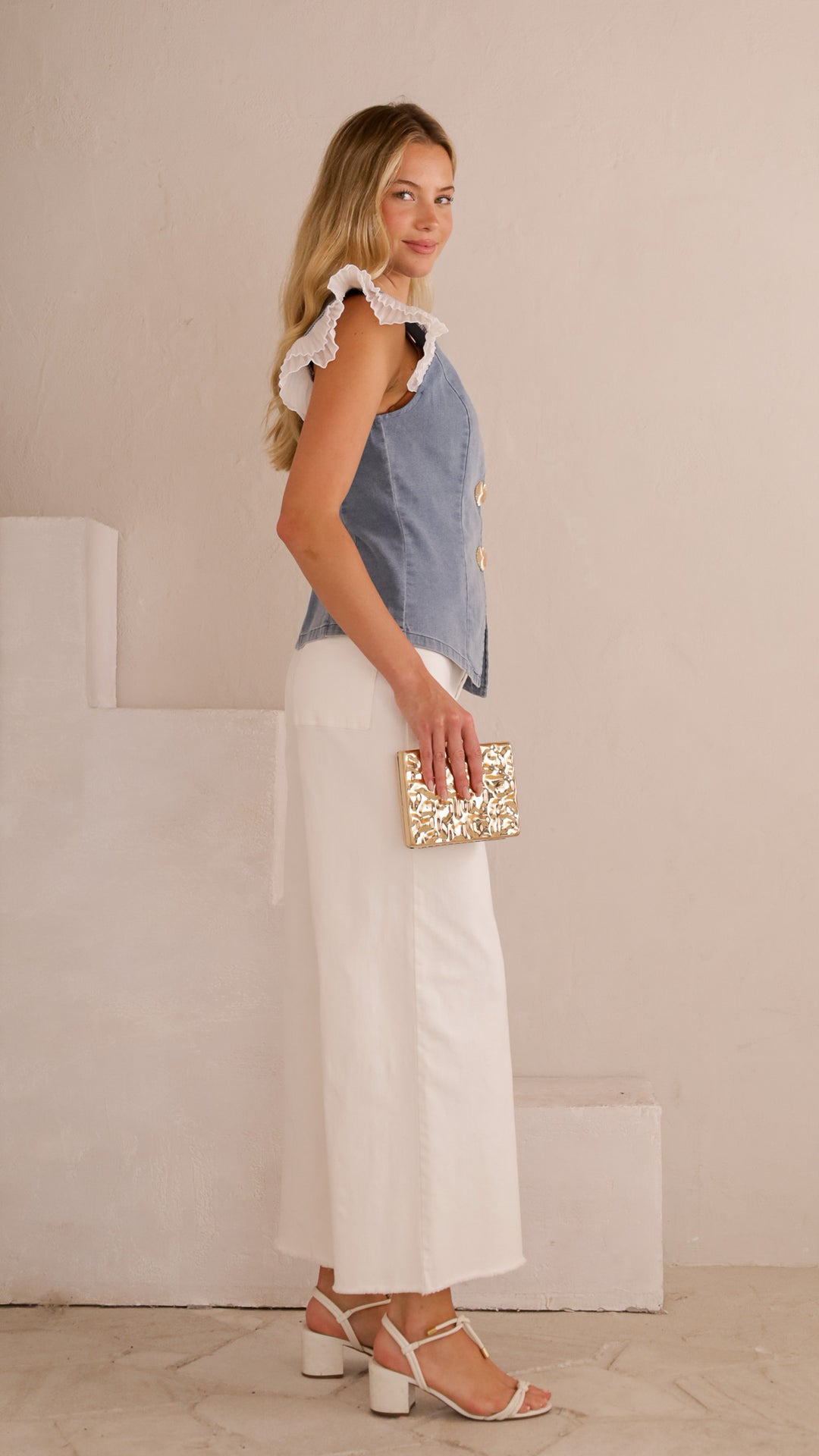 side view image 2 of Isla Ruffle Sleeve Denim Top