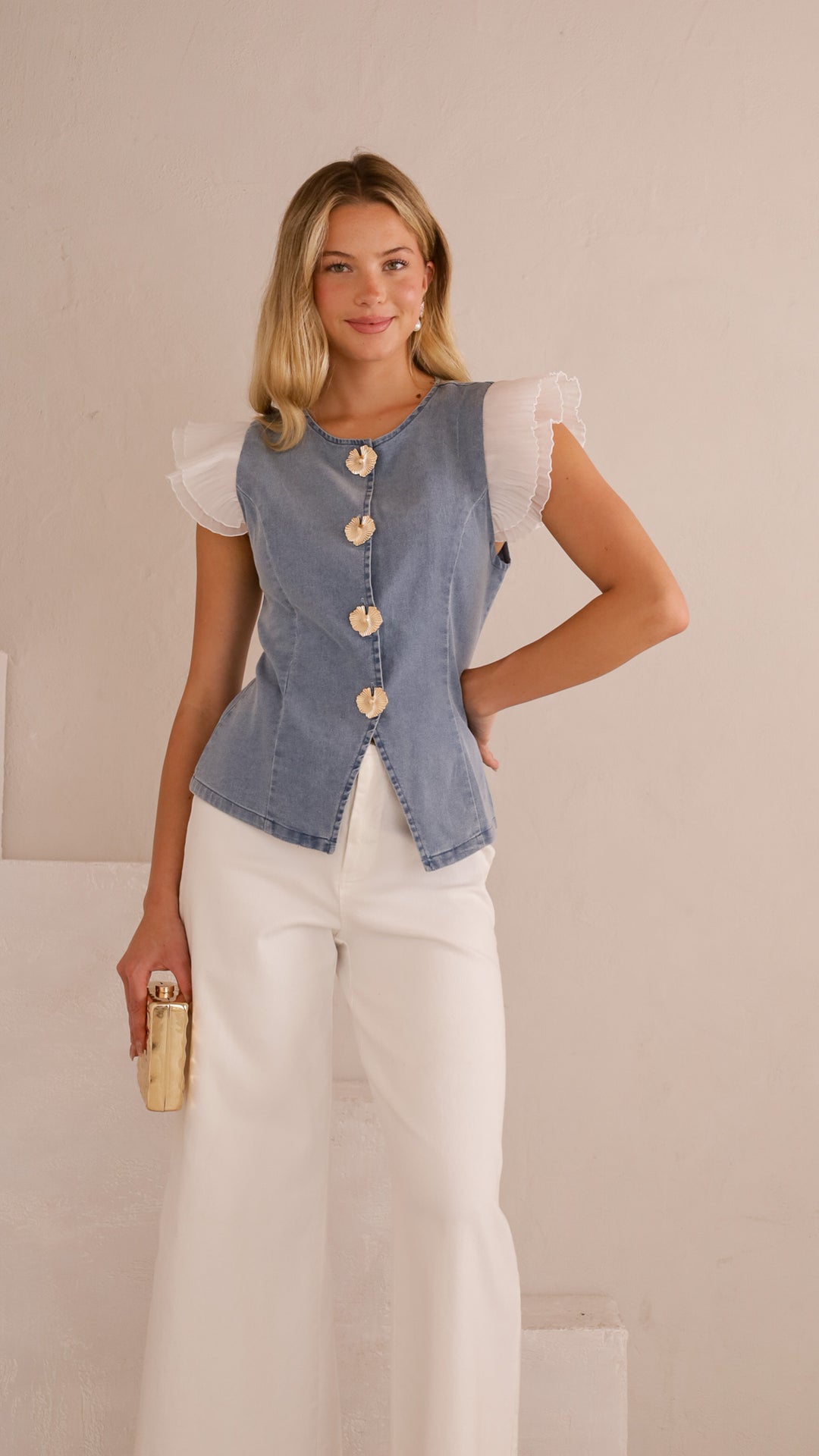 front view image 6 of Isla Ruffle Sleeve Denim Top