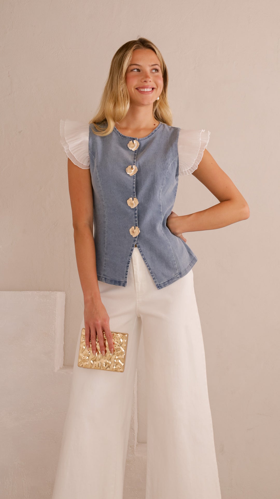 front view image 7 of Isla Ruffle Sleeve Denim Top