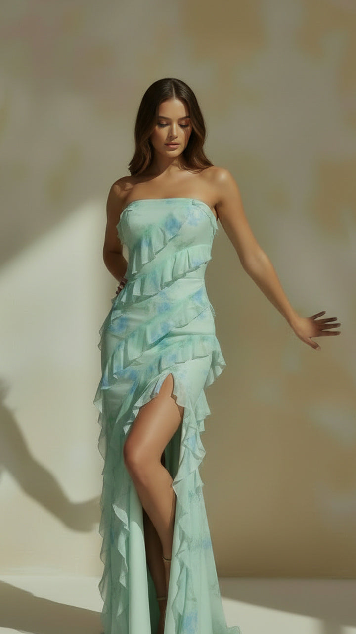 front view image 2 of Elara Strapless Ruffle Maxi Dress