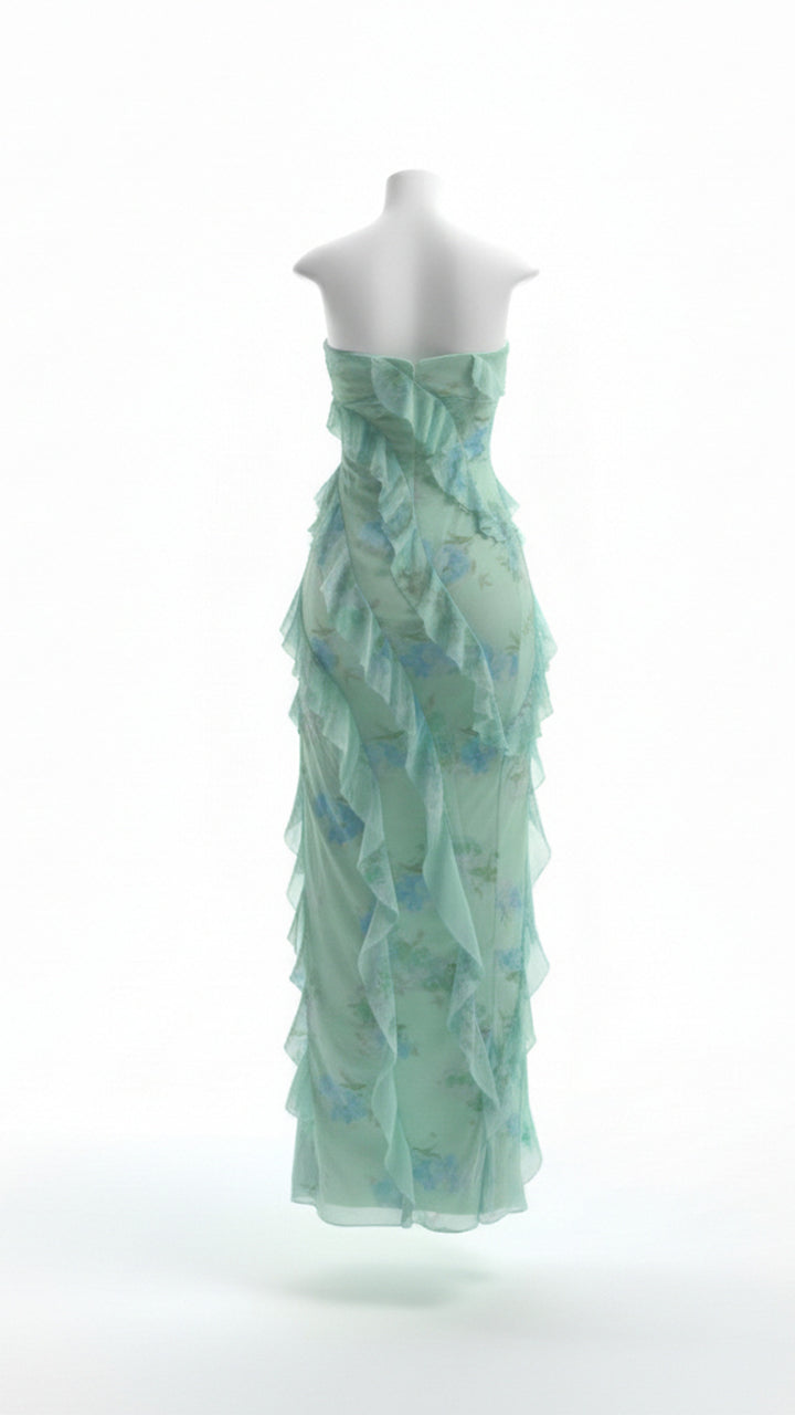 rear view image 2 of Elara Strapless Ruffle Maxi Dress
