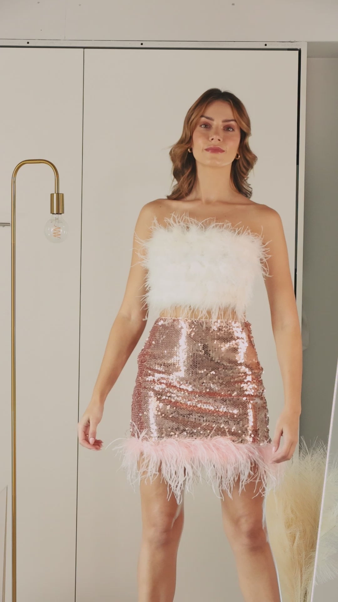 Lana Feathered Sequin Mini Skirt in Pink
